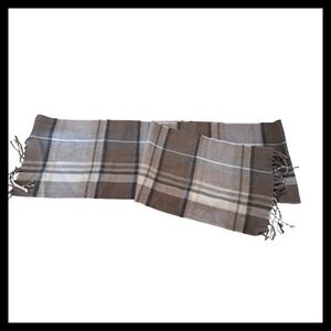 NWOT Brown Gray Plaid Scarf 100% Acrylic Fringed Ends
